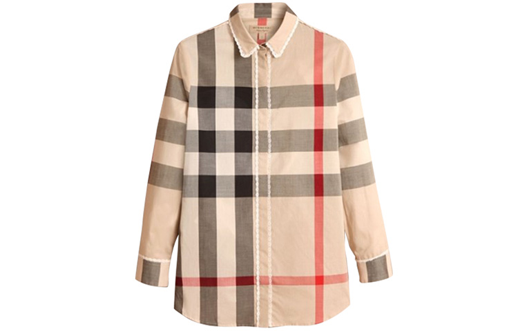 (Women) Burberry Check Lace Trim Long Sleeve Shirt Beige 40501701
