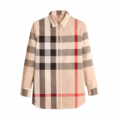 (Women) Burberry Check Lace Trim Long Sleeve Shirt Beige 40501701