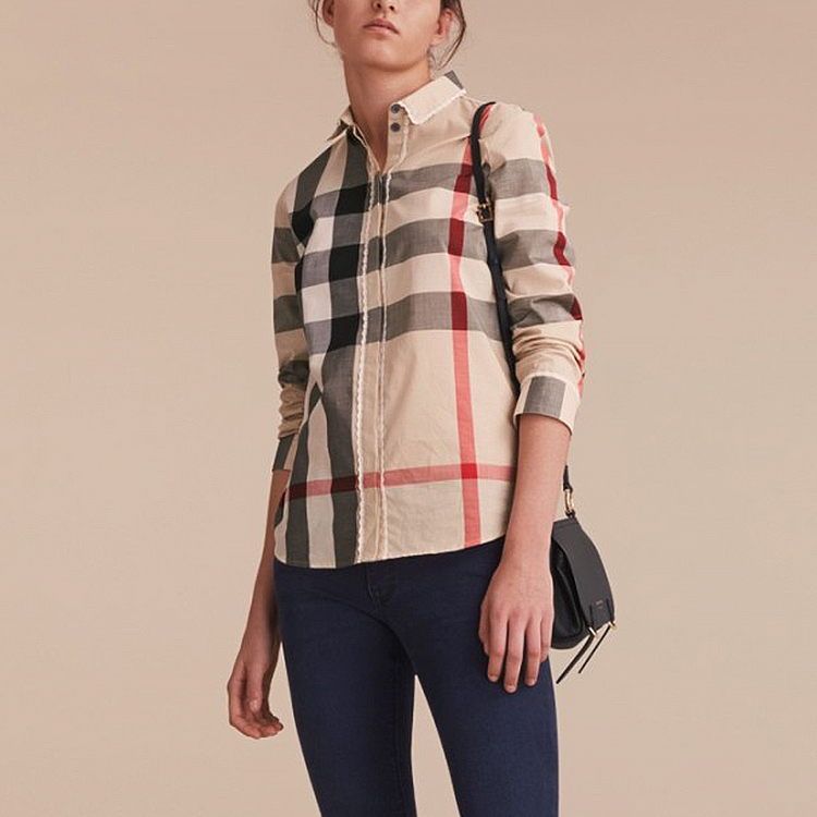 (Women) Burberry Check Lace Trim Long Sleeve Shirt Beige 40501701 圖 3