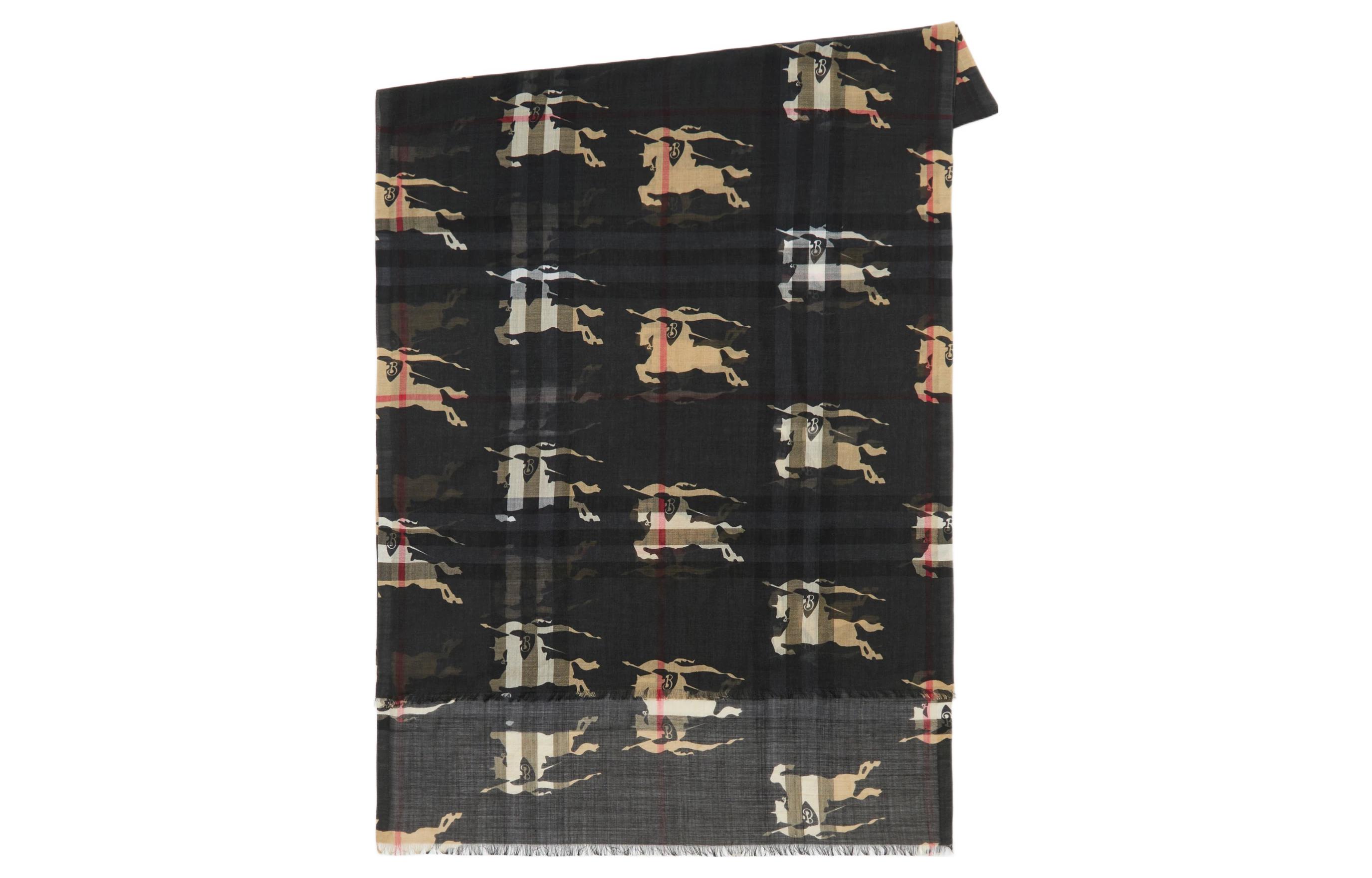 (Women) Burberry Check Patch Equestrian Knight Logo Wool Scarf Women Black. 80710461 圖 3