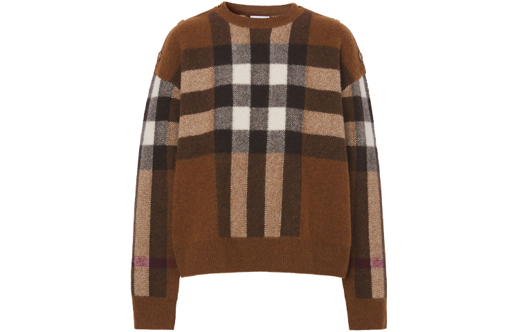 (Women) Burberry Check Wool-Blend Crewneck Sweater in Dark Birch Brown. 80484441 圖 2