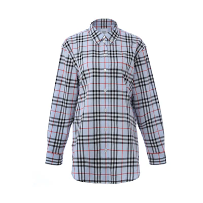 (Women) Burberry Checkered Single-Breasted Long-Sleeve Shirt Light Blue Gray 80118351