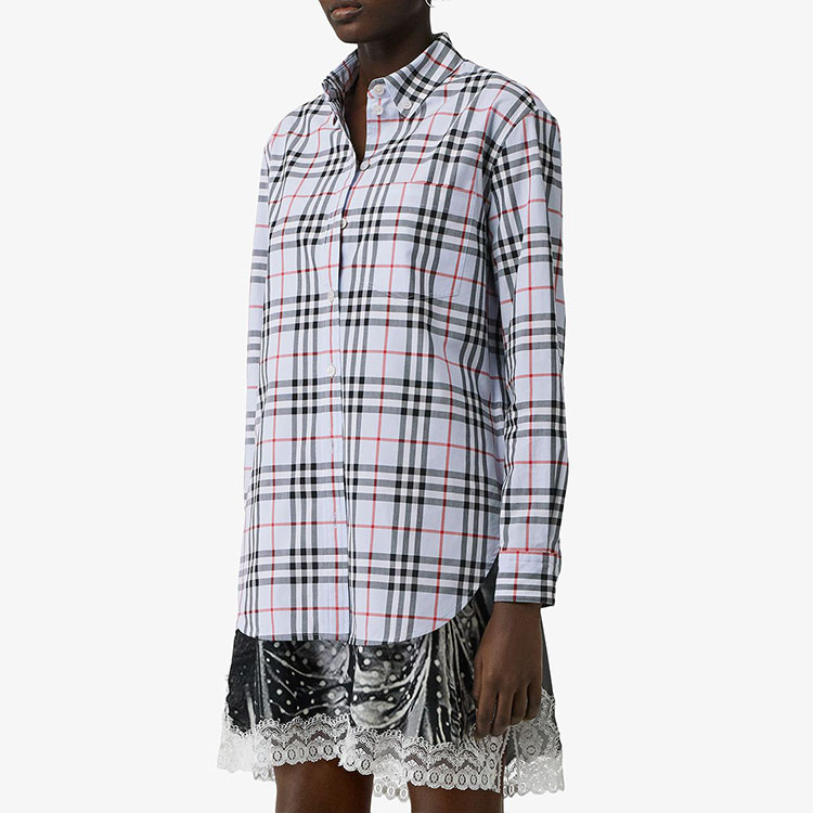 (Women) Burberry Checkered Single-Breasted Long-Sleeve Shirt Light Blue Gray 80118351 圖 4