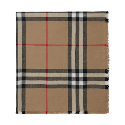 (Women) Burberry Checkered Wool Fringe Scarf Beige. 80738241