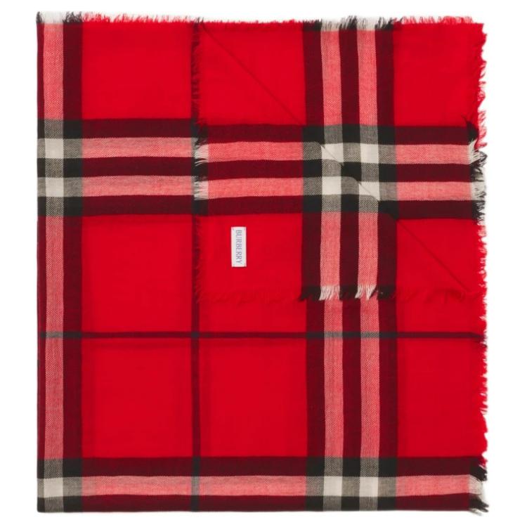 (Women) Burberry Checkered Woven Wool Scarf  Scarlet Red. 80907271