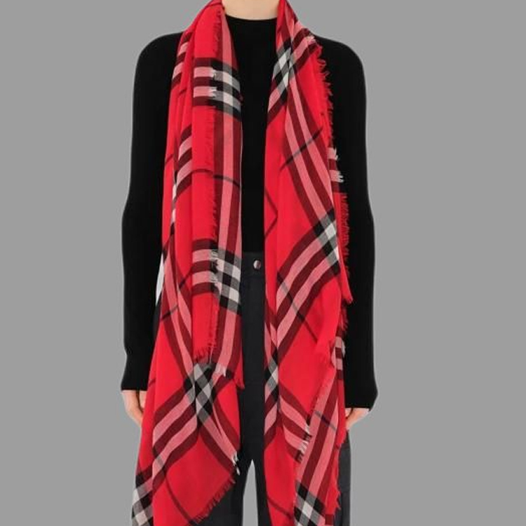 (Women) Burberry Checkered Woven Wool Scarf  Scarlet Red. 80907271 圖 5