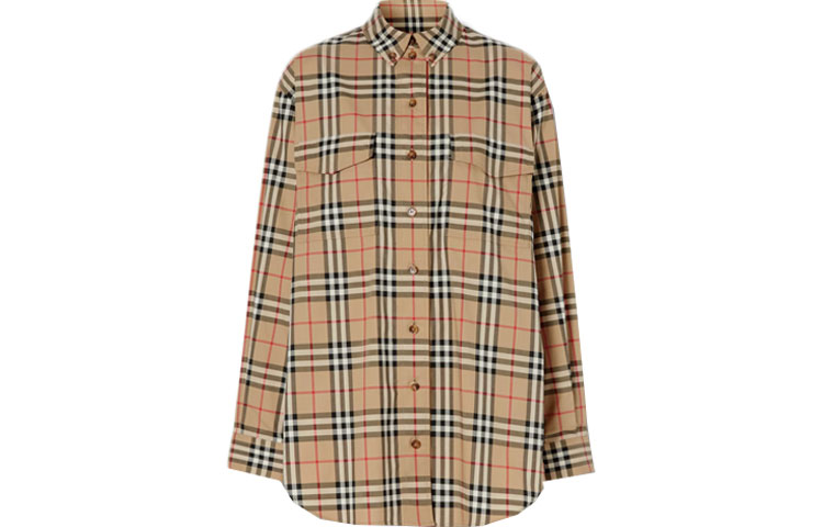 Order (W) Burberry Kemeja Lengan Panjang Loose Fit Motif Kotak Klasik Beige 80222851