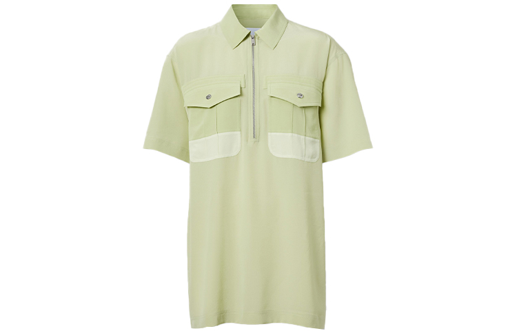 (Women) Burberry Colorblock Zip-Collar Short Sleeve Shirt Mist Green 80411171