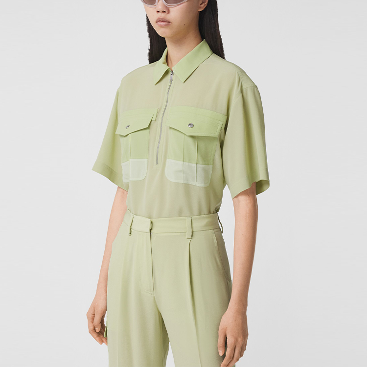 (Women) Burberry Colorblock Zip-Collar Short Sleeve Shirt Mist Green 80411171 圖 3