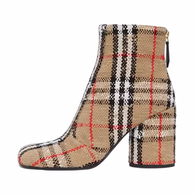 (W) Burberry Cotton Canvas Check Block-Heel Ankle Boot 'Beige'