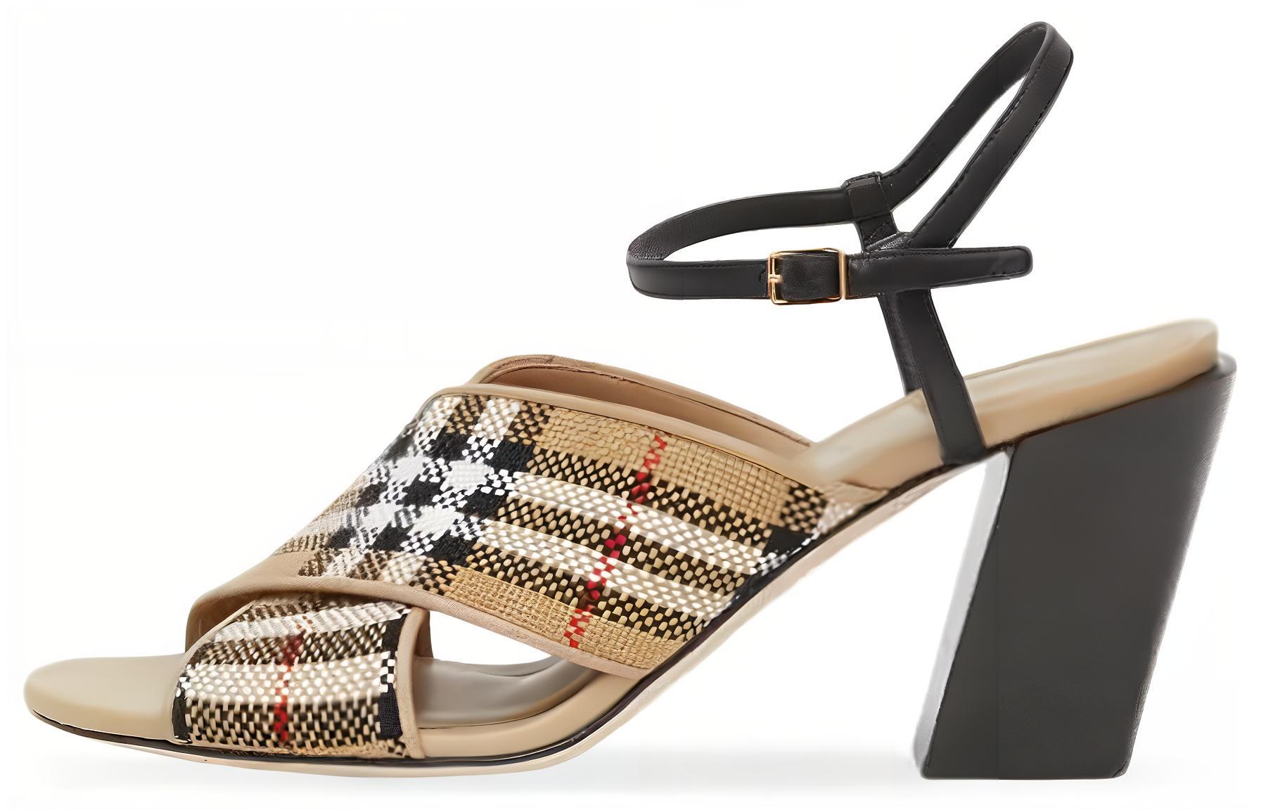 (Women) Burberry Cotton Canvas Leather Check Block-Heel 'Fashion Sandal Beige' 80320501