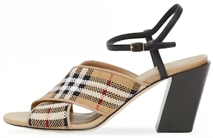 (Women) Burberry Cotton Canvas Leather Check Block-Heel 'Fashion Sandal Beige' 80320501 (Women) Burberry Cotton Canvas Leather Check Block-Heel 'Fashion Sandal Beige' 80320501