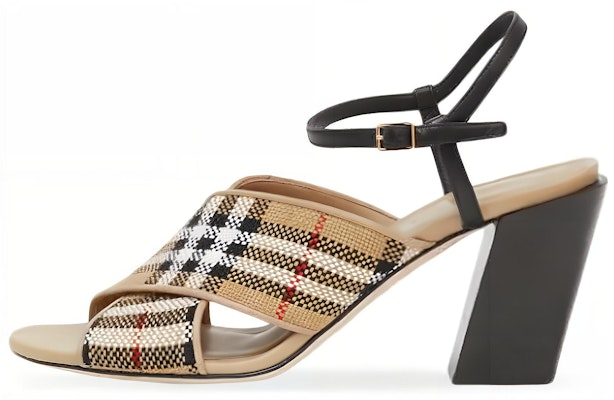 (Women) Burberry Cotton Canvas Leather Check Block-Heel 'Fashion Sandal Beige' 80320501 Buy (Women) Burberry Cotton Canvas Leather Check Block-Heel 'Fashion Sandal Beige' 80320501