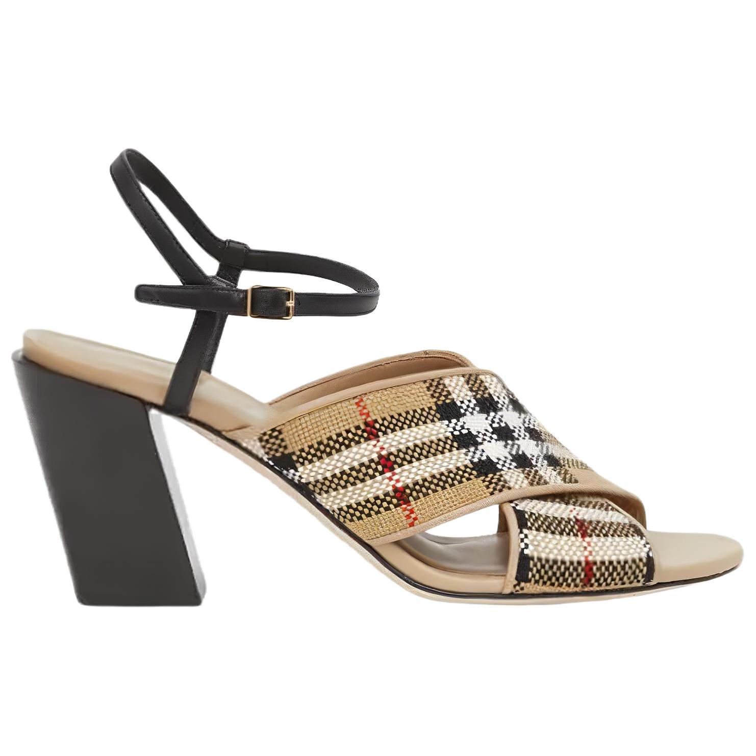 Order (W) Sandal Fesyen Beige Burberry Tumit-Blok Kanvas Kapas & Kulit Corak 80320501