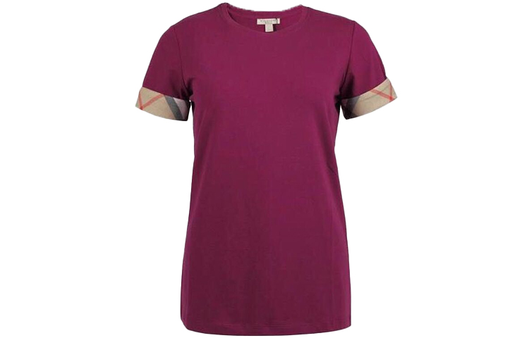 (Women) Burberry Crewneck Short-Sleeve T-Shirt Purple with Check Cuffs. 39684951
