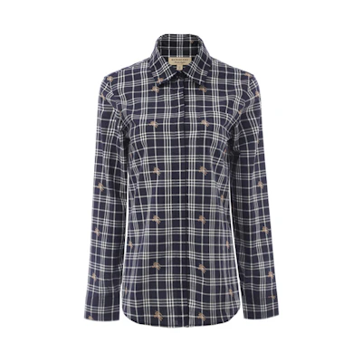 (Women) Burberry Deep Blue Long Sleeve Cotton Check Collar Shirt 80040341