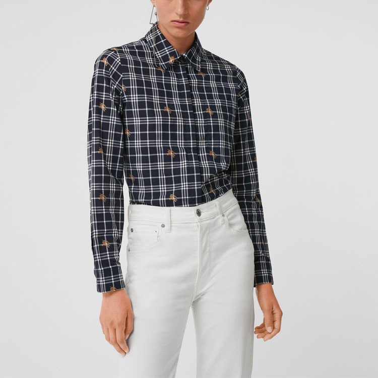 (Women) Burberry Deep Blue Long Sleeve Cotton Check Collar Shirt 80040341 圖 5