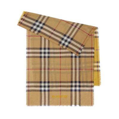 (Women) Burberry Double-sided Check Logo Fringe Wool Scarf Women Yellow. 80797561