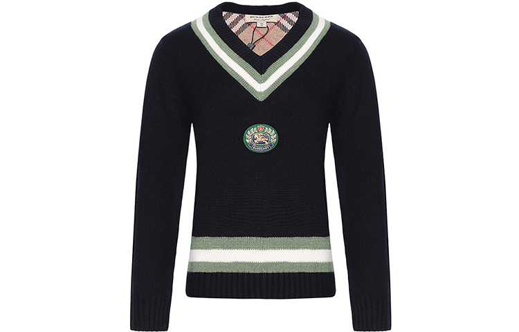 (Women) Burberry Embroidered Patch Wool Blend Pullover Sweater Navy Blue 80078511