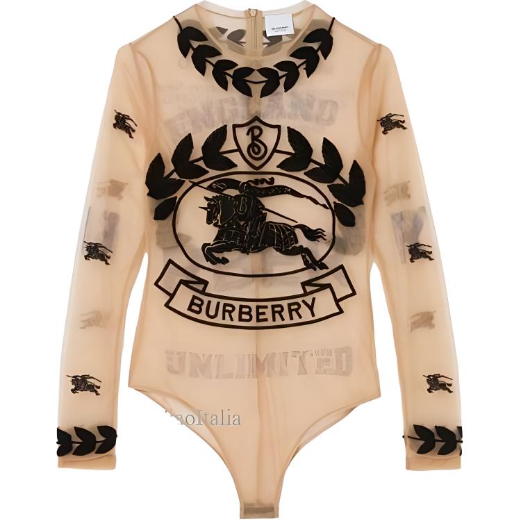 (Women) Burberry Evening SS23 Equestrian Embroidered Sheer Long Sleeve Shirt Nude Women 80621901
