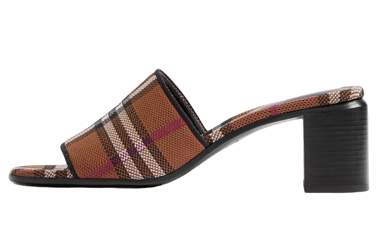 Buy Burberry博柏利 織物 格紋 粗跟 時尚涼拖鞋 5.5cm 女式 深棕色