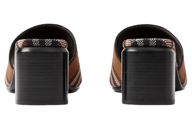 Shop Burberry博柏利 織物 格紋 粗跟 時尚涼拖鞋 5.5cm 女式 深棕色