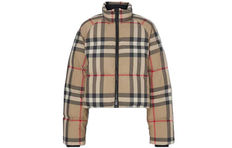 (Women) Burberry FW21 Beige Check Puffer Jacket with Stand Collar. 80459551