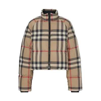 (Women) Burberry FW21 Beige Check Puffer Jacket with Stand Collar. 80459551