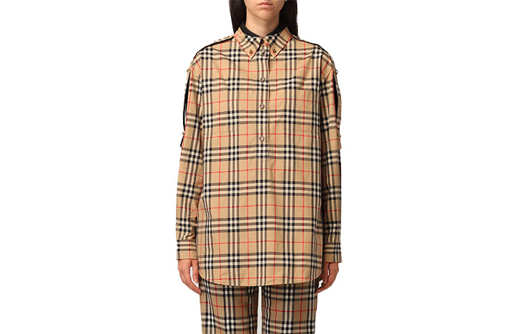 (Women) Burberry FW21 Checkered Loose-Fit Cotton Long-Sleeve Shirt Women Archive Beige. 80451351