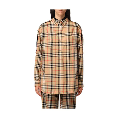 (Women) Burberry FW21 Checkered Loose-Fit Cotton Long-Sleeve Shirt Women Archive Beige. 80451351