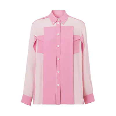 (Women) Burberry FW21 Silk Crêpe Patchwork Long-Sleeve Shirt Pink 80468291