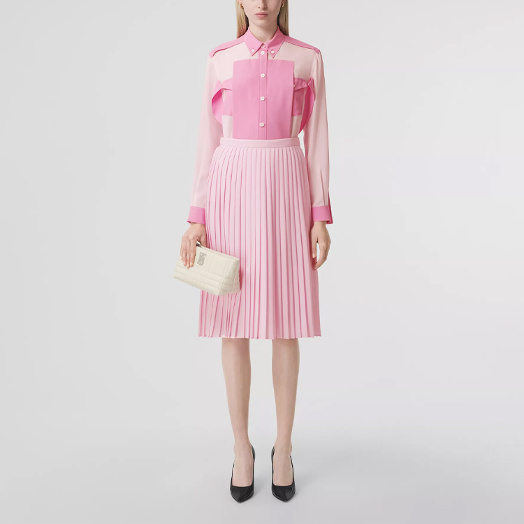 (Women) Burberry FW21 Silk Crêpe Patchwork Long-Sleeve Shirt Pink 80468291 圖 3