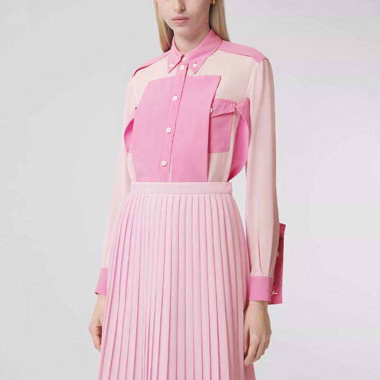 (Women) Burberry FW21 Silk Crêpe Patchwork Long-Sleeve Shirt Pink 80468291 圖 4