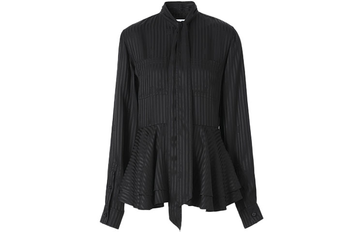 (Women) Burberry FW21 Silk Tie Stripe Pleated Long Sleeve Shirt Black 80488571 圖 2