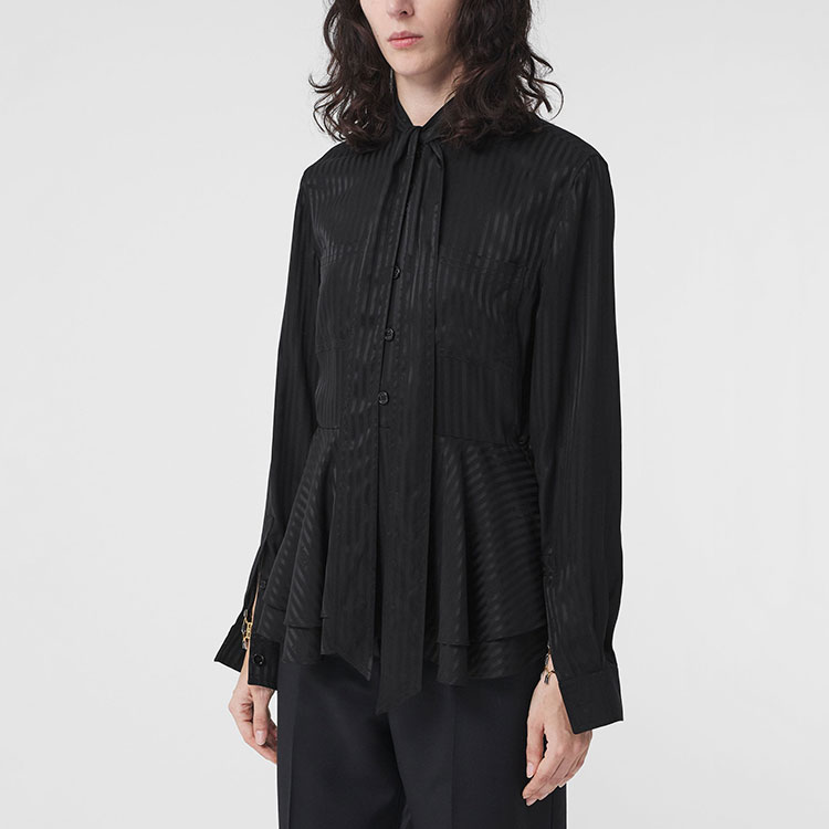 (Women) Burberry FW21 Silk Tie Stripe Pleated Long Sleeve Shirt Black 80488571 圖 4