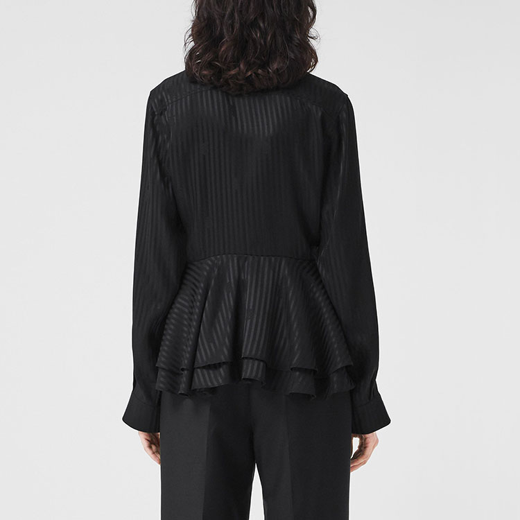 (Women) Burberry FW21 Silk Tie Stripe Pleated Long Sleeve Shirt Black 80488571 圖 5