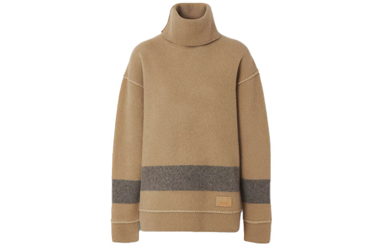 (Women) Burberry FW21 Solid Stripe Detail Turtleneck Cashmere Sweater Camel. 80450341
