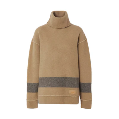 (Women) Burberry FW21 Solid Stripe Detail Turtleneck Cashmere Sweater Camel. 80450341