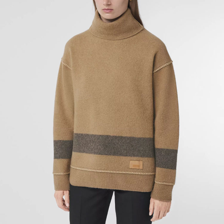 Shop (W) バーバリー FW21 カシミア タートルネック セーター キャメル ストライプ デザイン 80450341