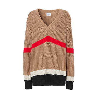 (Women) Burberry FW21 Striped Ribbed Oversized Sweater Beige Tan. 80484311
