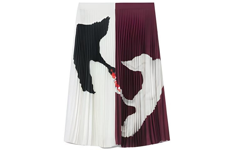 (Women) Burberry FW21 Swan Pattern Pleated Midi Skirt Casual Colorblock Skirt. 80488261