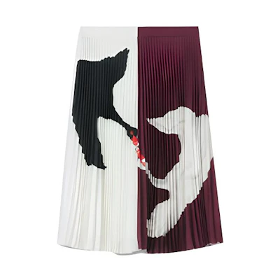 (Women) Burberry FW21 Swan Pattern Pleated Midi Skirt Casual Colorblock Skirt. 80488261