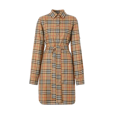(Women) Burberry FW22 Beige Check Collar Long-Sleeve Dress. 80634981