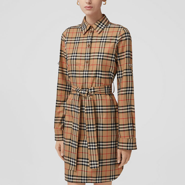 Purchase (W) Vestido Burberry FW22 Beige de Manga Larga con Cuello de Cuadros. 80634981