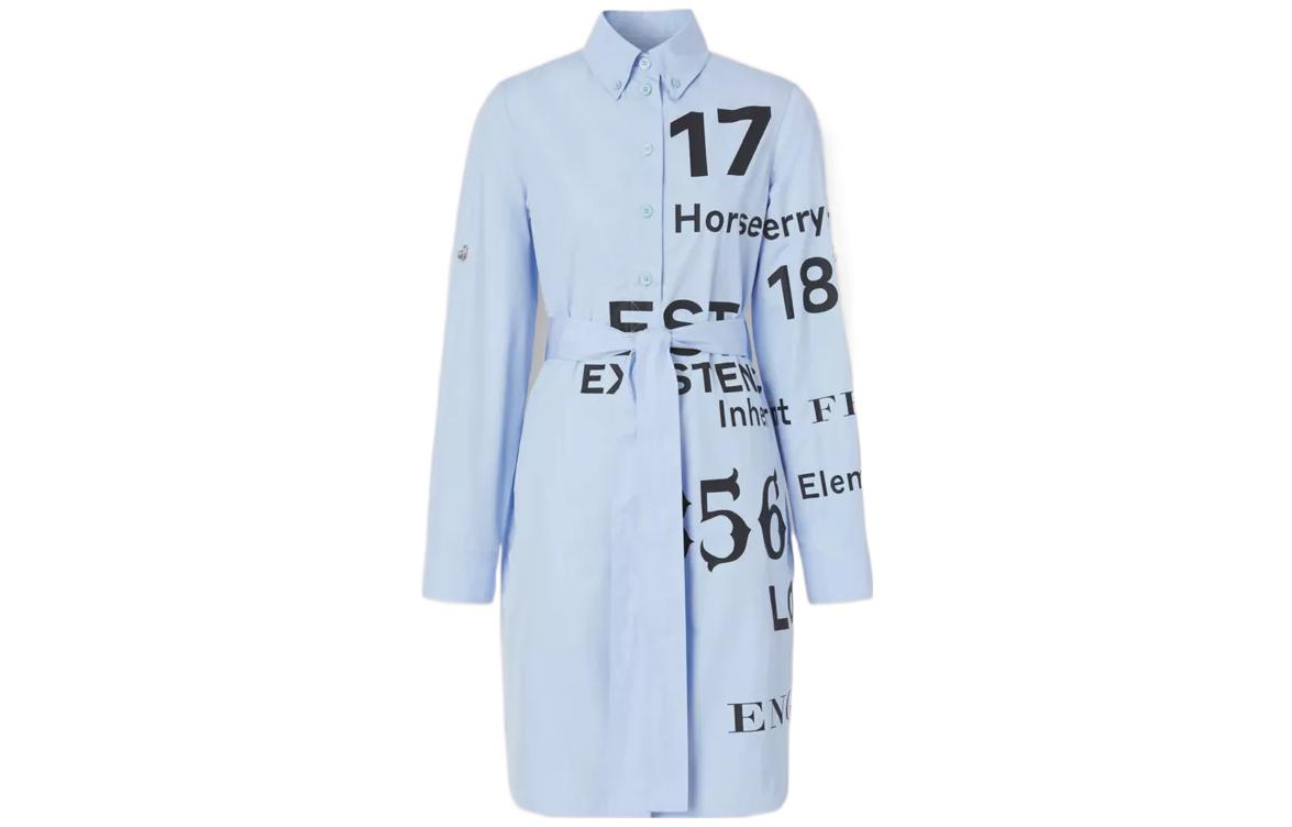 (Women) Burberry FW22  Blue Letter Print Tie-Waist Long-Sleeve Dress. 80581041
