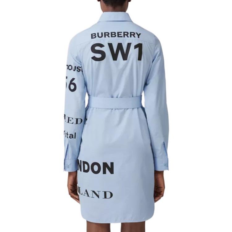 Shop (W) Burberry FW22 Gaun Lengan Panjang Cetak Huruf Biru dengan Ikatan Pinggang. 80581041