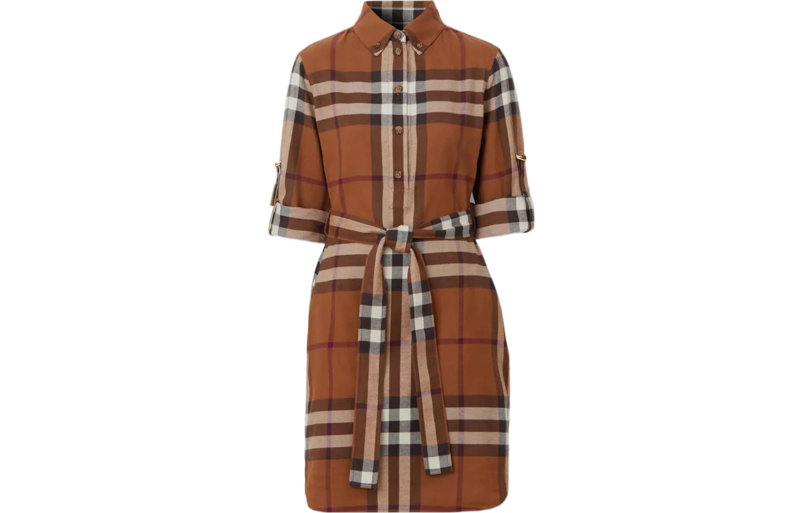 (Women) Burberry FW22  Brown Check Cotton Belted Shirt Dress Long Sleeve. 80624101