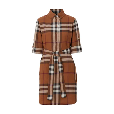 (Women) Burberry FW22 Brown Check Cotton Belted Shirt Dress Long Sleeve. 80624101