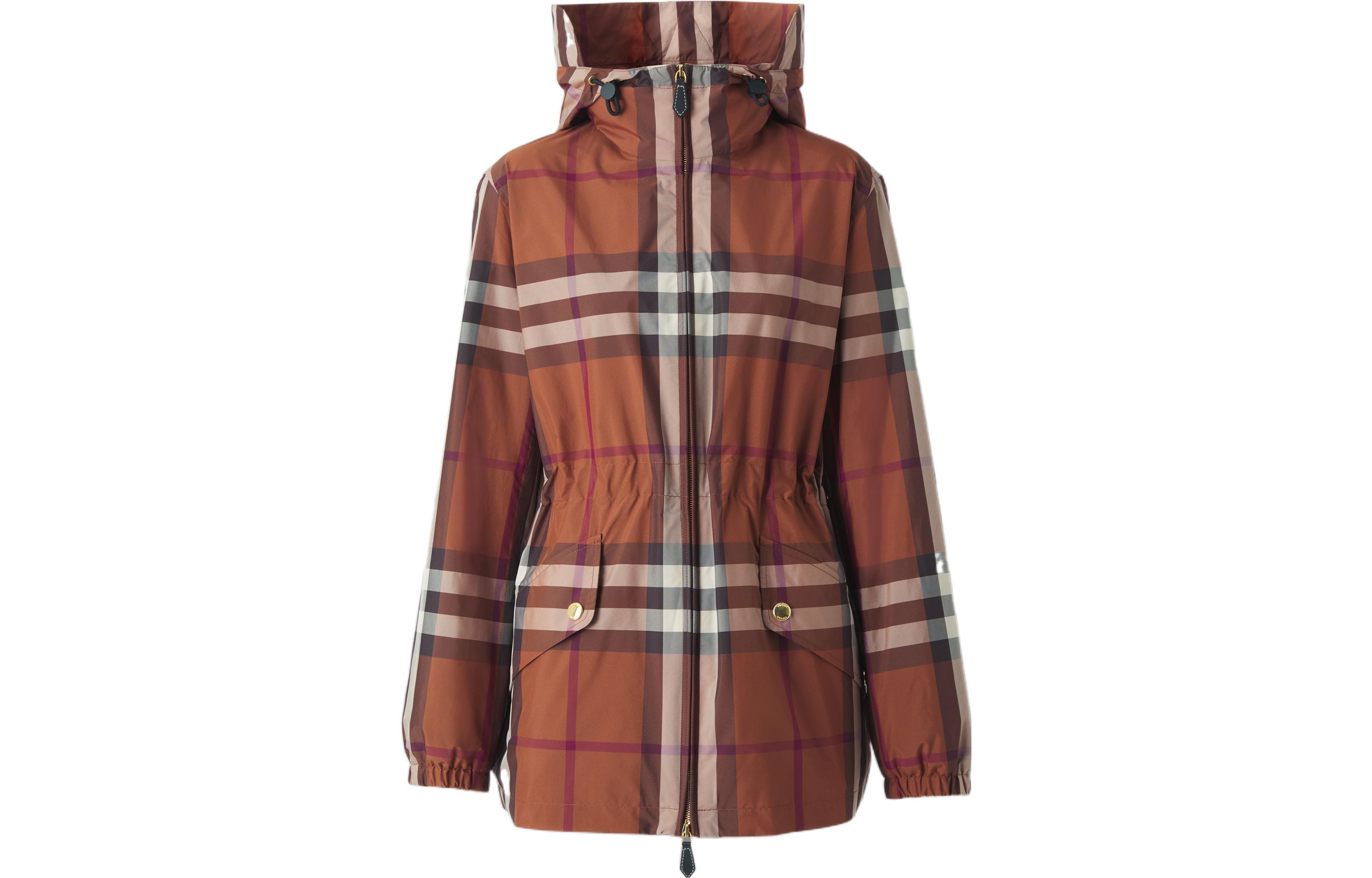 (Women) Burberry FW22  Brown Check Print Zip-Up Loose Fit Hooded Jacket 80554411
