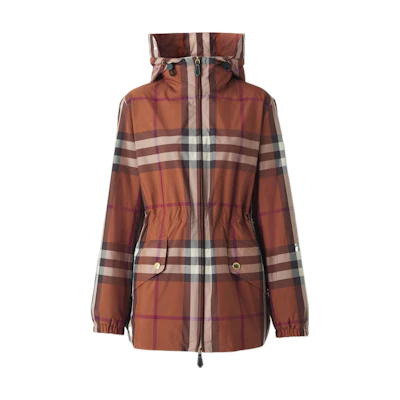 (Women) Burberry FW22 Brown Check Print Zip-Up Loose Fit Hooded Jacket 80554411